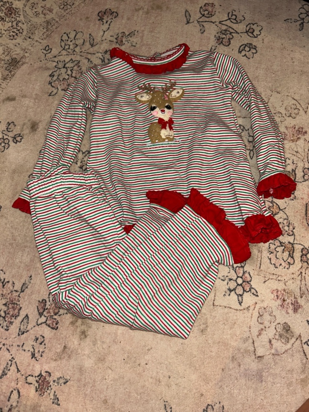 Girls' Holiday Reindeer Stripe Pajama Set - Red & White